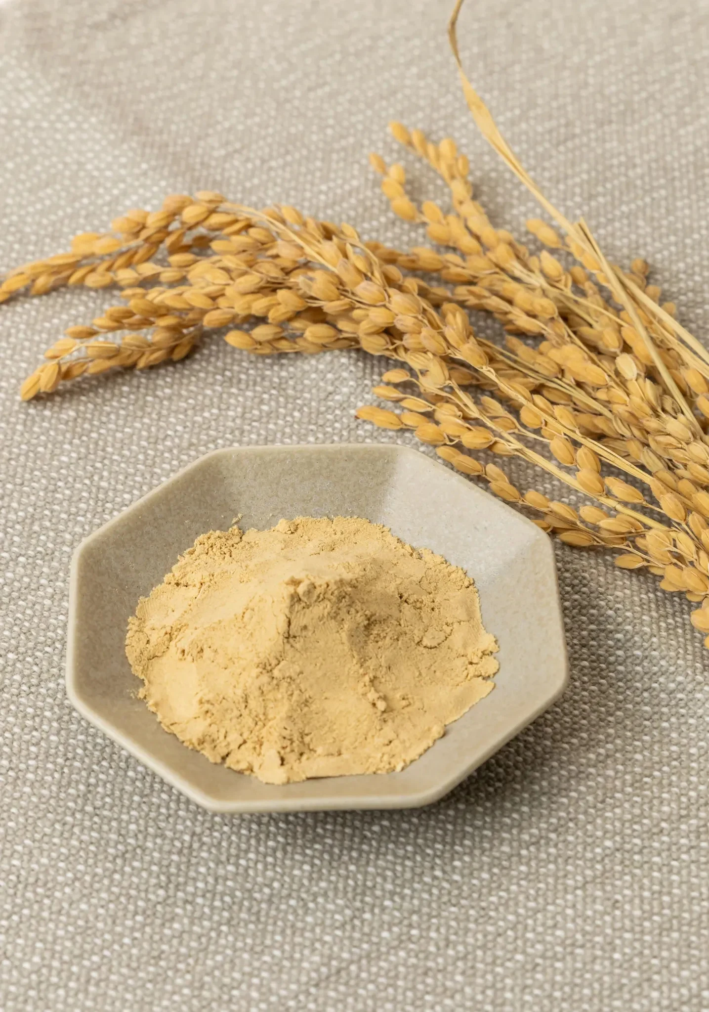 稲穂と、器に盛られた米ぬかパウダー